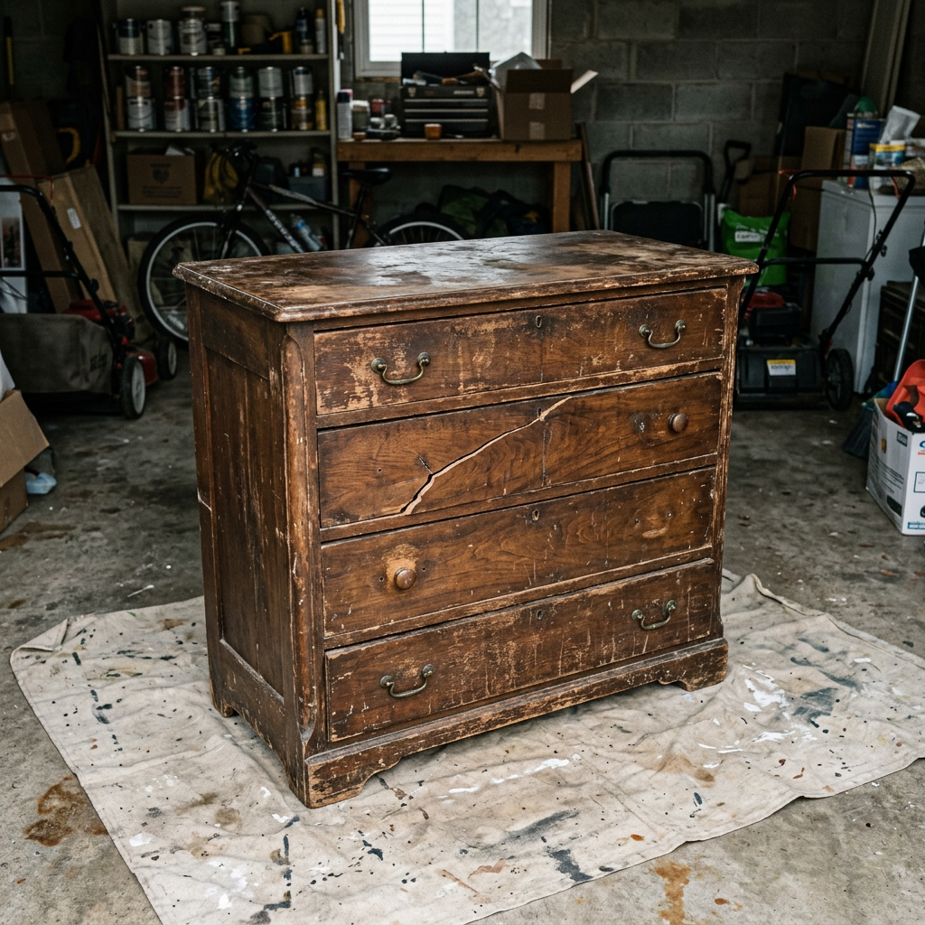 Antique dresser restoration (before) — a water-damaged dresser stripped, repaired and refinished back to a warm satin grain completed by Carl McKee at Carl's and more repair /restore in Hayfield, MN