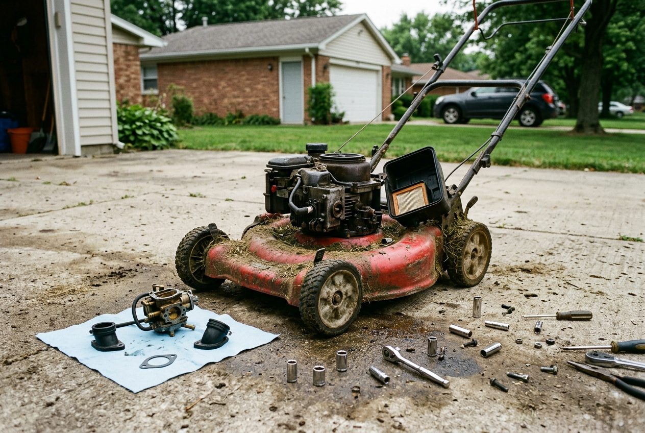Lawn mower rebuild — push mower deck flipped for blade and small engine service on the drive completed by Carl McKee at Carl's and more repair /restore in Hayfield, MN