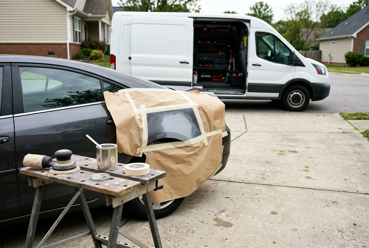 Dent being worked out of a car fender in a residential driveway during mobile minor automotive body repair