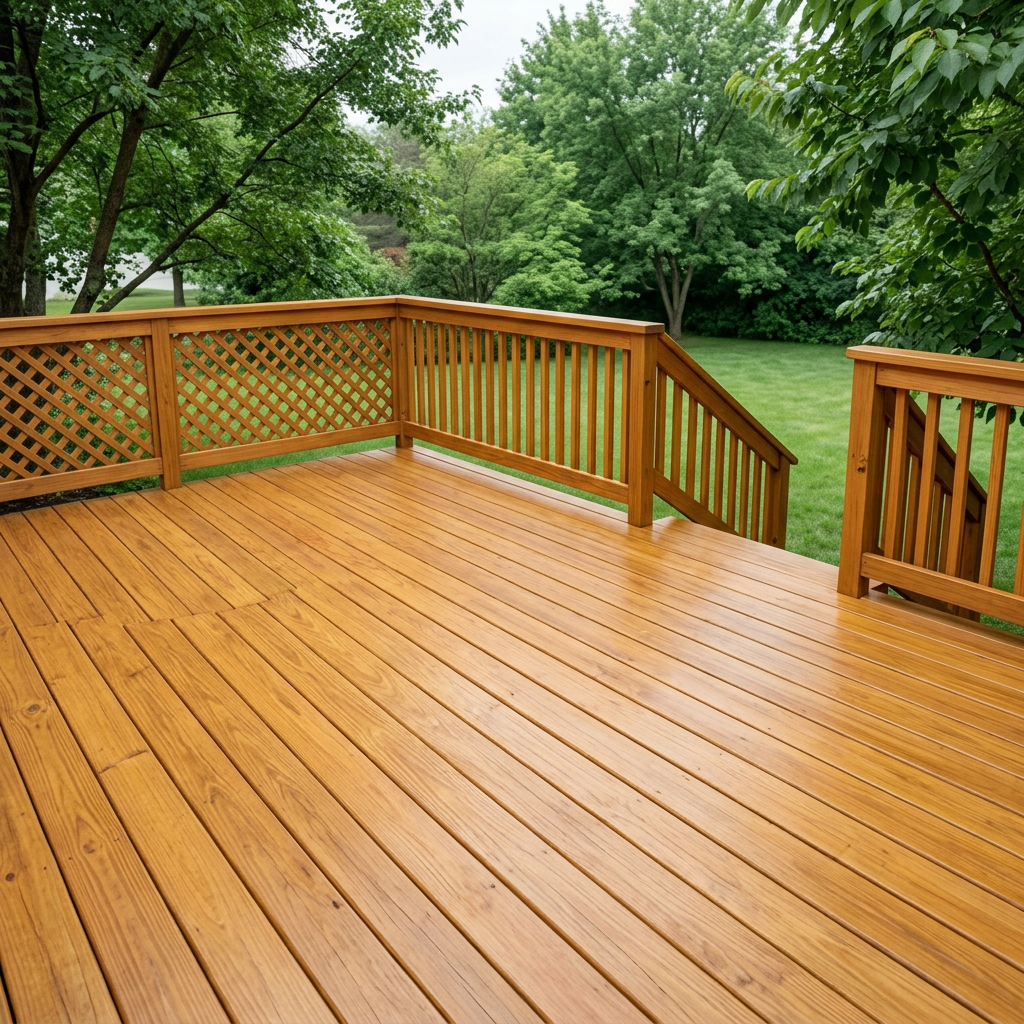 Deck repair & refinish (after) — a gray, splintered deck rebuilt with sound boards and sealed against Minnesota winters completed by Carl McKee at Carl's and more repair /restore in Hayfield, MN