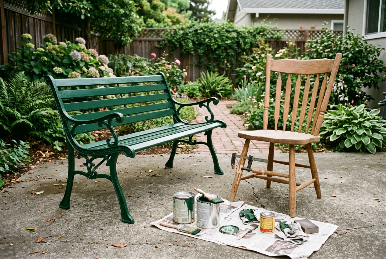 Outdoor furniture restoration — garden bench and wooden chair prepped for paint and refinishing in a back yard completed by Carl McKee at Carl's and more repair /restore in Hayfield, MN