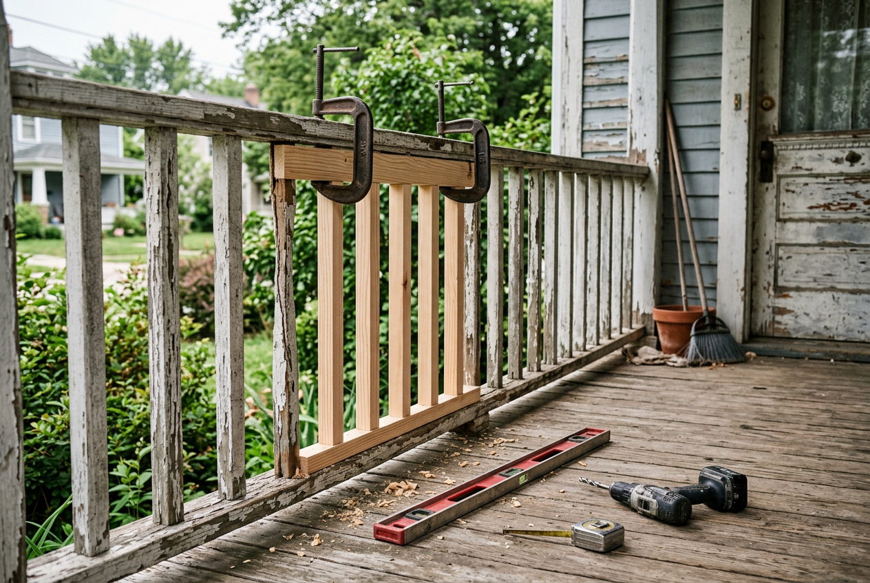 Porch railing rebuild — weathered porch railing clamped up with a new rail section during repair completed by Carl McKee at Carl's and more repair /restore in Hayfield, MN