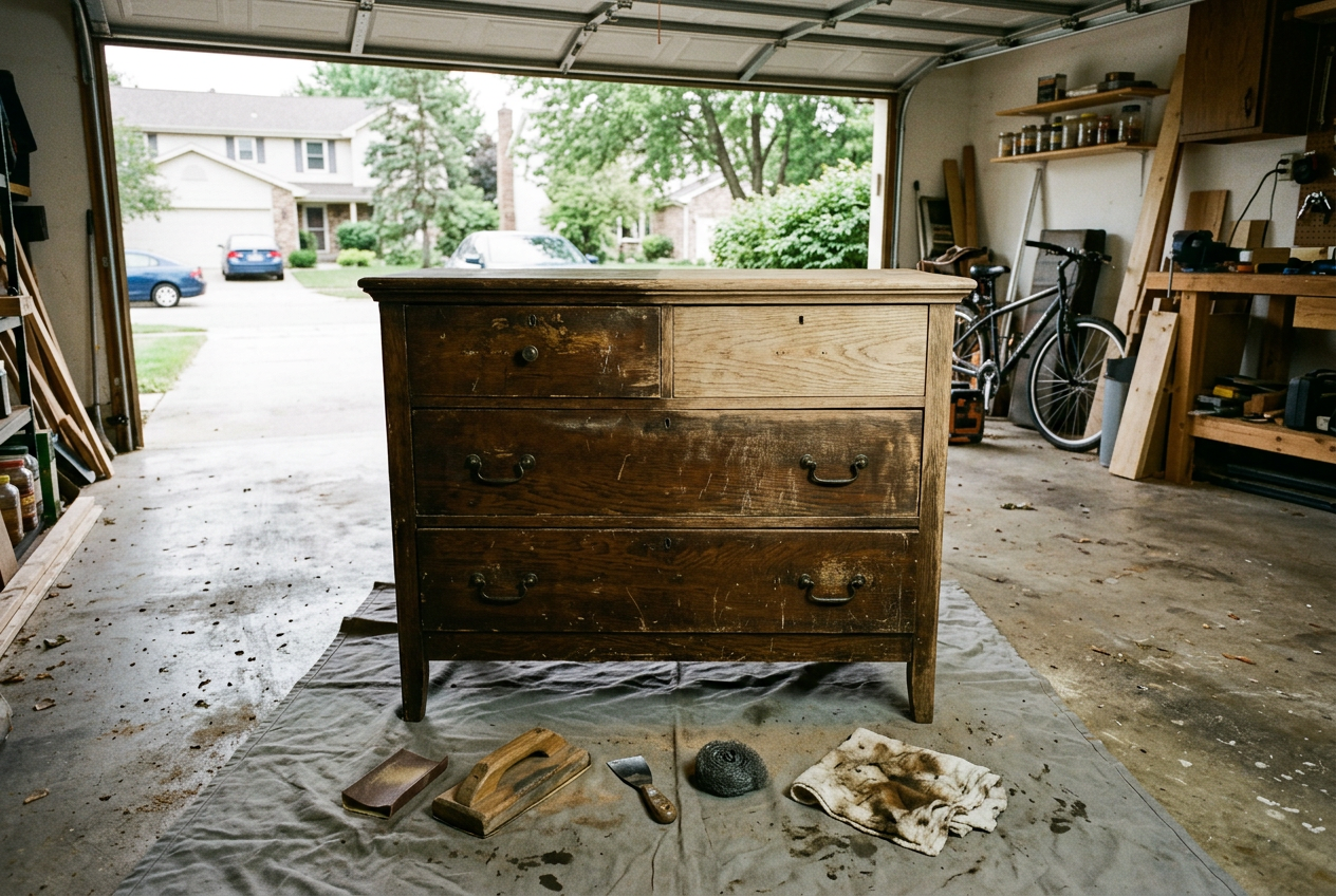 Dresser refinishing — solid wood dresser stripped and prepped for refinishing in an open garage bay completed by Carl McKee at Carl's and more repair /restore in Hayfield, MN