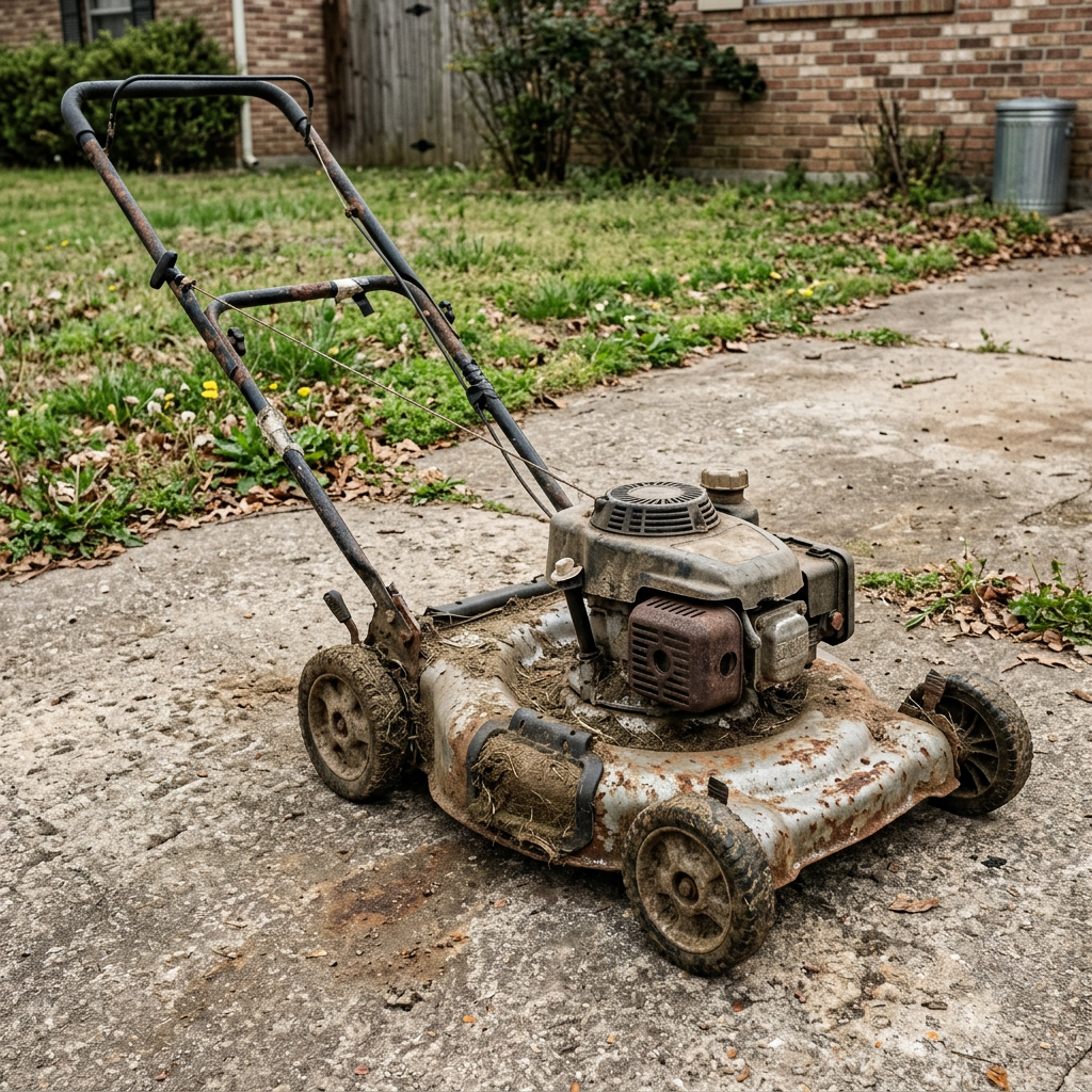 Small engine overhaul (before) — a seized mower brought back to a clean, running machine after a full service completed by Carl McKee at Carl's and more repair /restore in Hayfield, MN