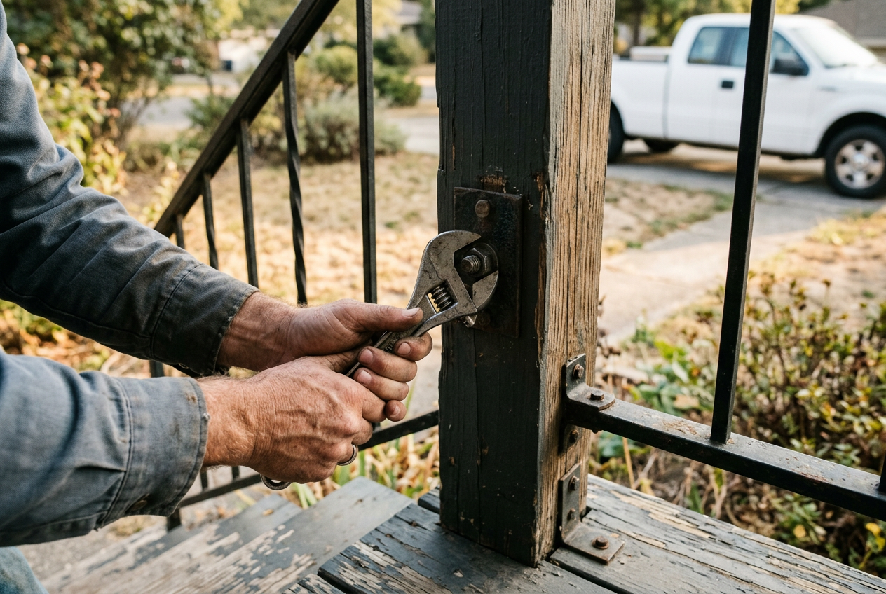 Crescent wrench tightening a loose porch railing bolt during an on-site repair call