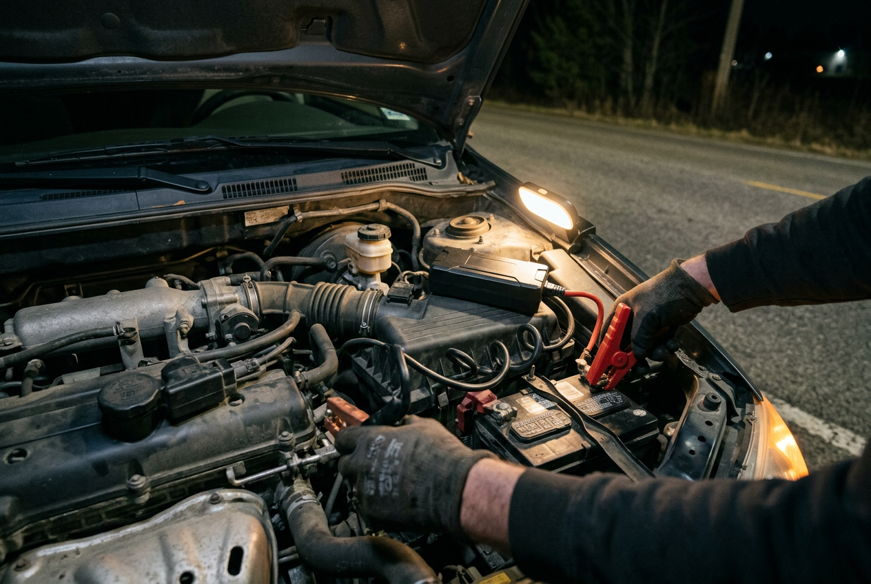 Portable jump starter clamped to a car battery at night on a rural road shoulder during 24/7 roadside assistance