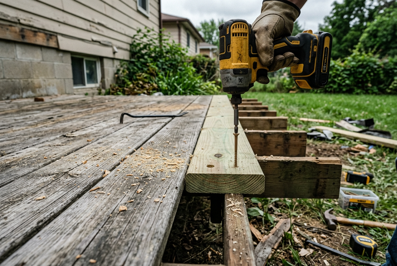 Deck board replacement — rotted deck boards drilled out and swapped for fresh treated lumber in a back yard completed by Carl McKee at Carl's and more repair /restore in Hayfield, MN