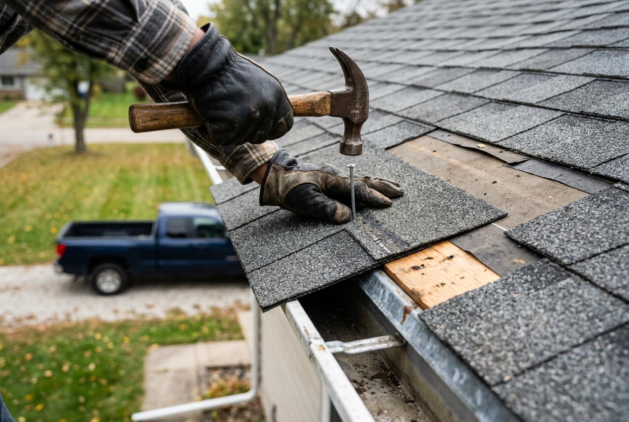 Gloved hands driving a roofing nail with a hammer while replacing an asphalt shingle along a residential roof edge