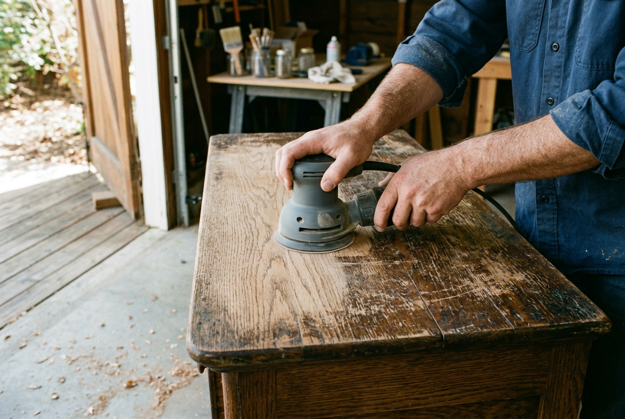 Random orbital sander stripping the dark old finish from an antique oak dresser top during furniture refinishing