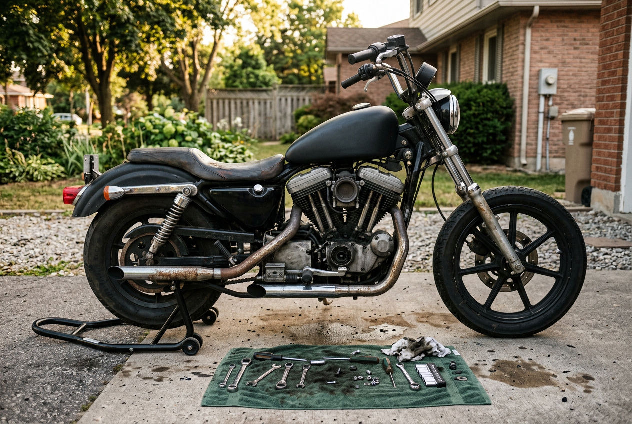 Motorcycle tune-up — motorcycle on a driveway stand with a tool roll laid out for a service call completed by Carl McKee at Carl's and more repair /restore in Hayfield, MN