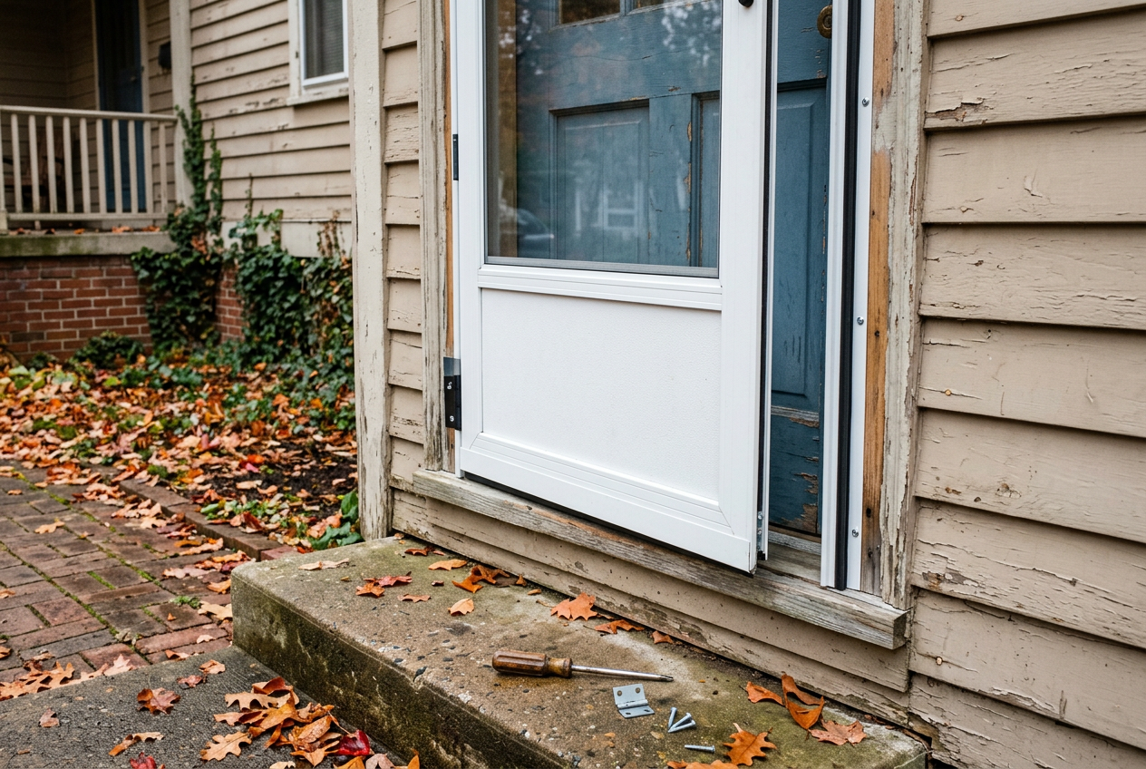 Exterior door replacement — new exterior storm door fitted into a residential entry opening completed by Carl McKee at Carl's and more repair /restore in Hayfield, MN