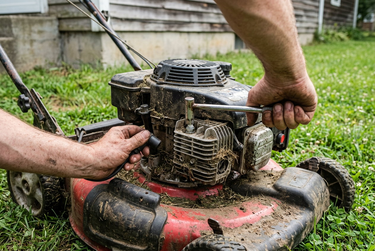 Spark plug wrench and plug boot removal on a dirty lawn mower engine during small engine repair