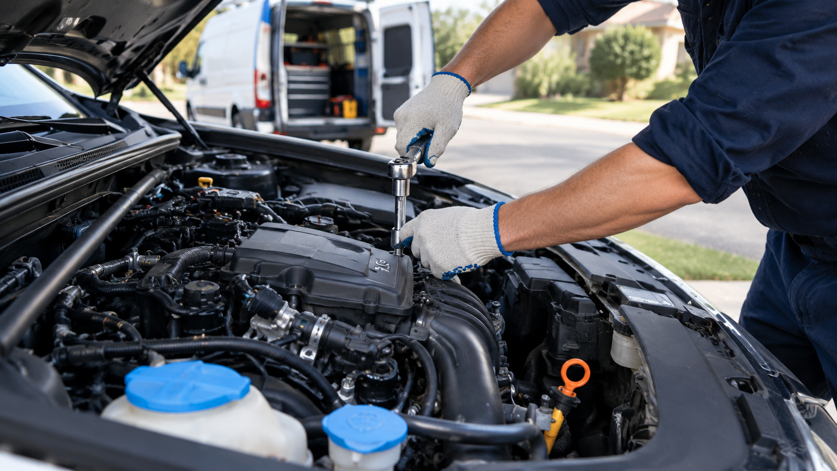 Socket ratchet reaching into an open engine bay to loosen an alternator bolt during minor mechanic work