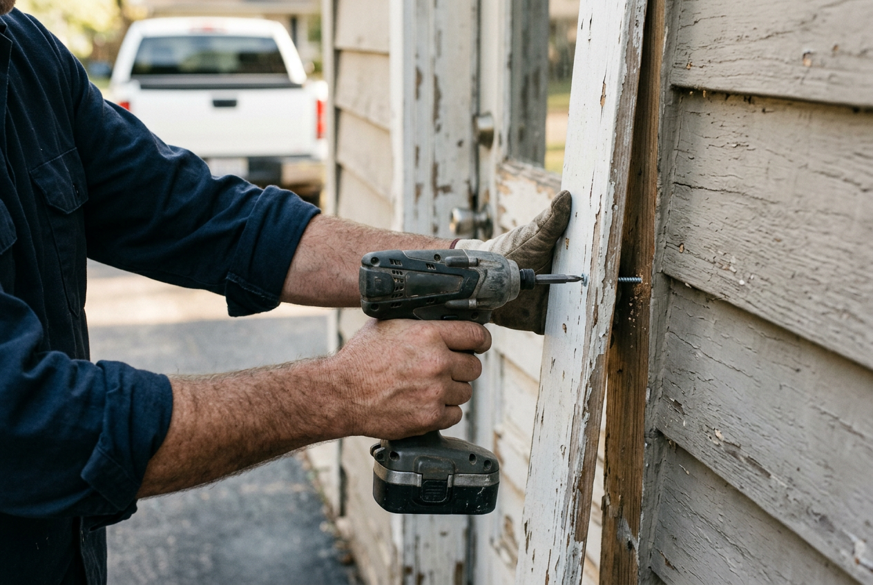Cordless impact driver fastening a screw into weathered exterior door trim during a residential handyman repair