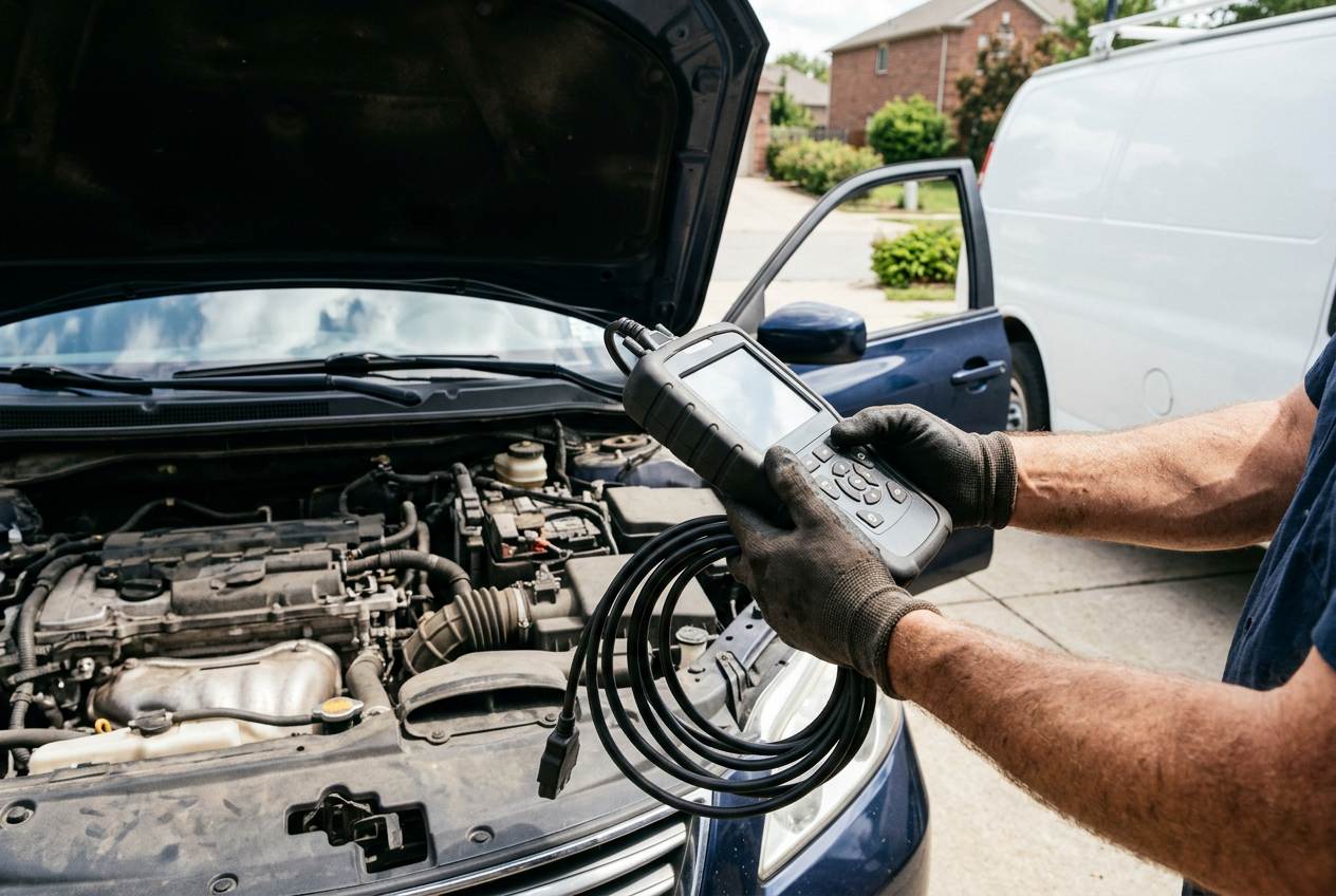 Handheld OBD-II diagnostic scanner plugged in under a dashboard during a mobile vehicle repair visit