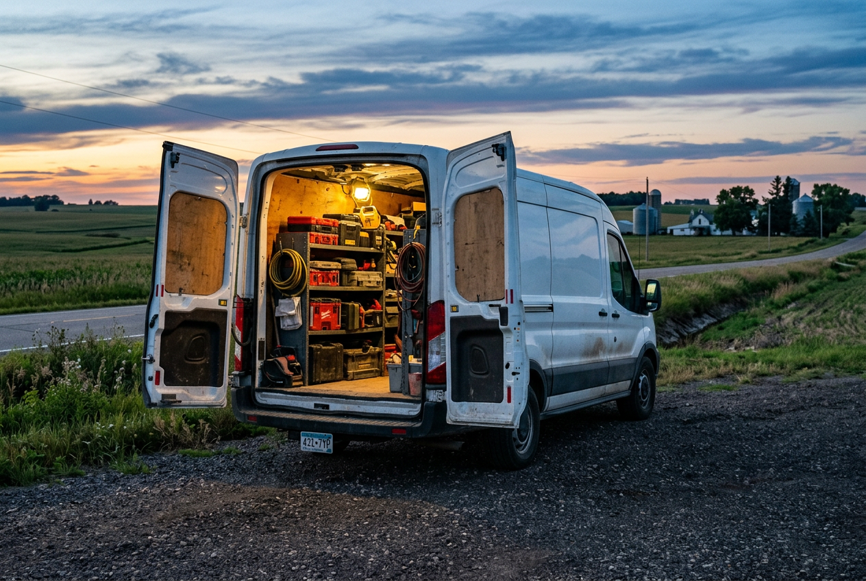 Mobile service van — stocked mobile repair van set up on a rural roadside at dusk completed by Carl McKee at Carl's and more repair /restore in Hayfield, MN