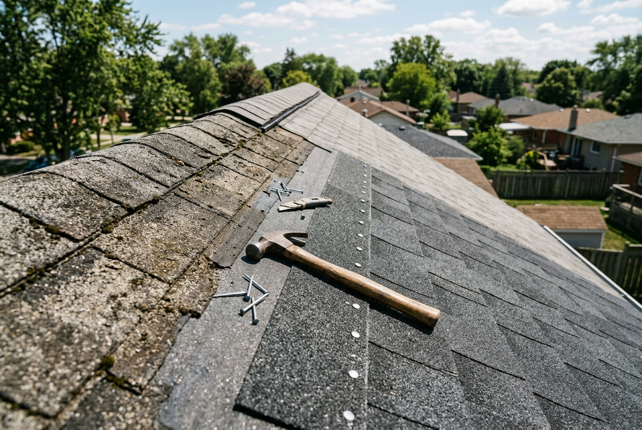 Shingle roof repair — asphalt shingles reset along a residential ridge line with hand tools completed by Carl McKee at Carl's and more repair /restore in Hayfield, MN