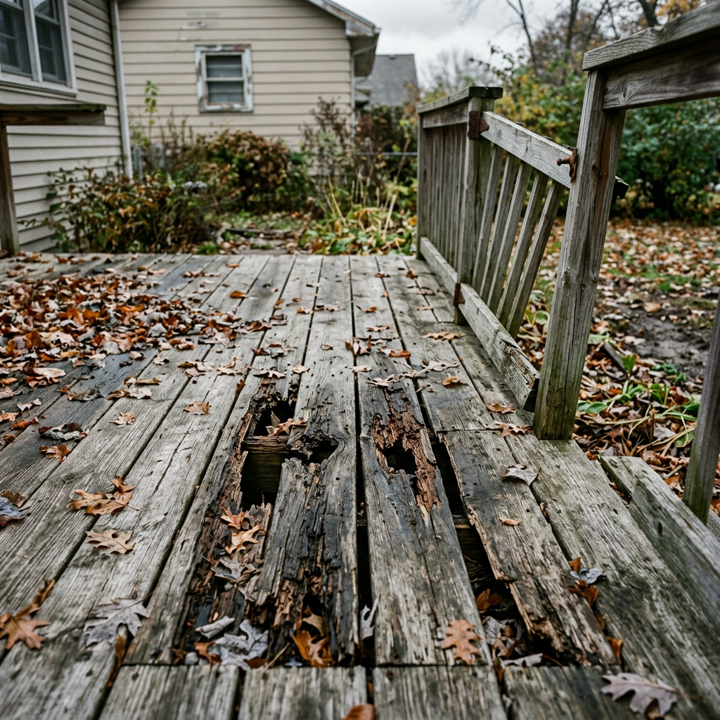 Deck repair & refinish (before) — a gray, splintered deck rebuilt with sound boards and sealed against Minnesota winters completed by Carl McKee at Carl's and more repair /restore in Hayfield, MN