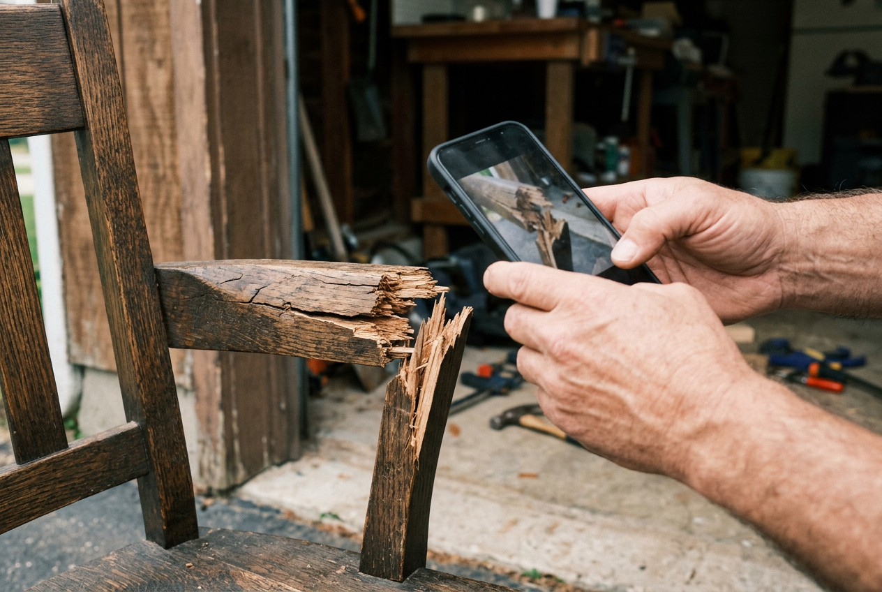 Smartphone photographing damaged equipment up close to submit photos for an online repair estimate