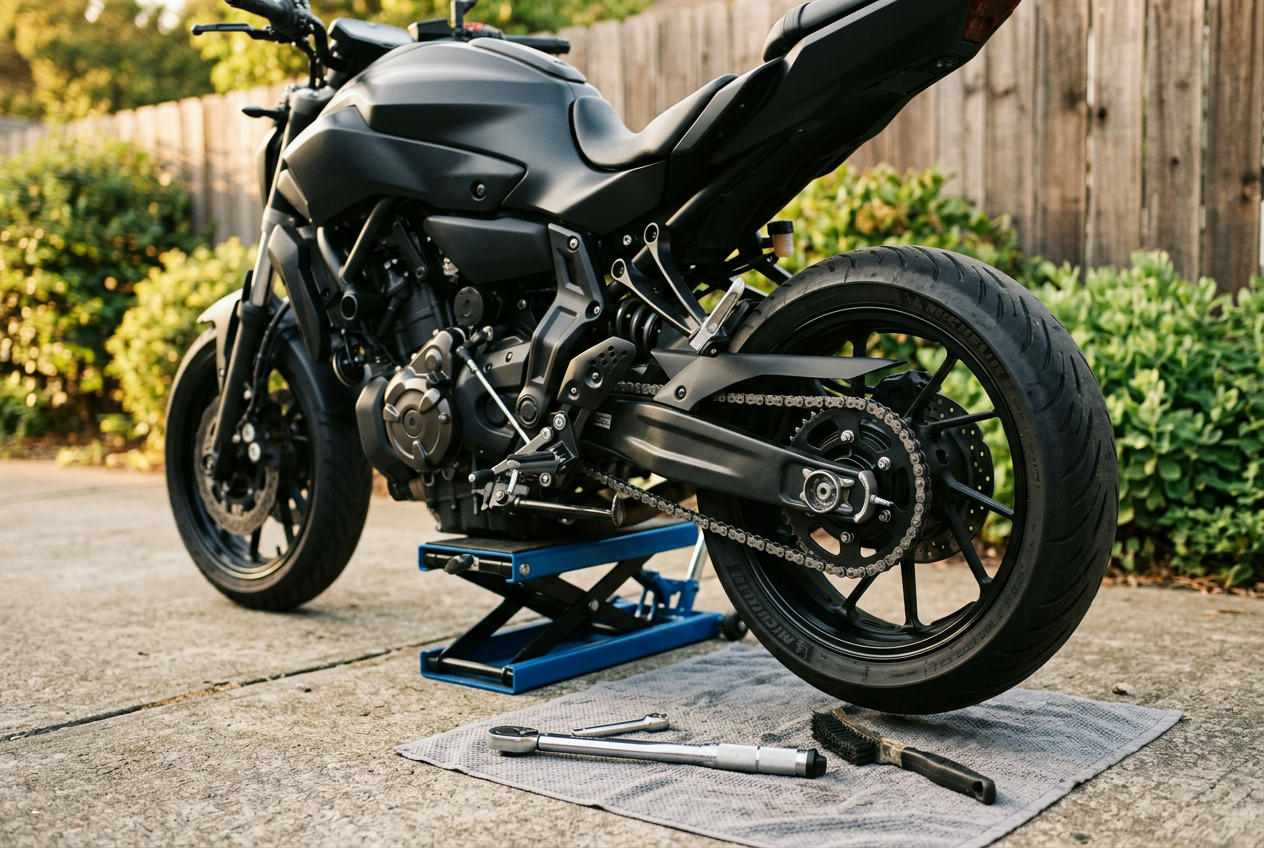 Motorcycle raised on a driveway lift stand with a torque wrench and chain tools laid out during a mobile motorcycle repair call